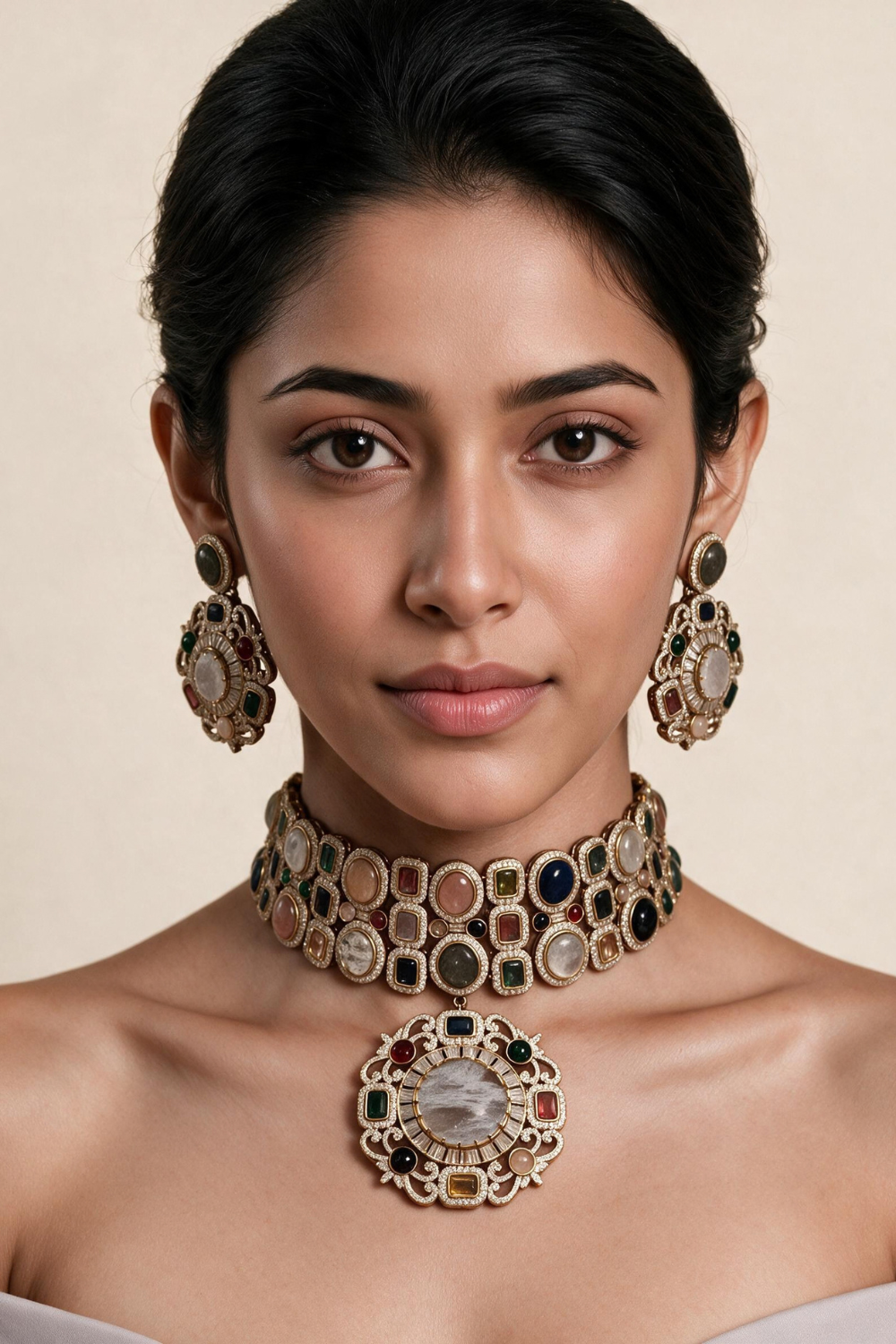 Multicolour Semi-Precious Stone Moissanite Choker Set