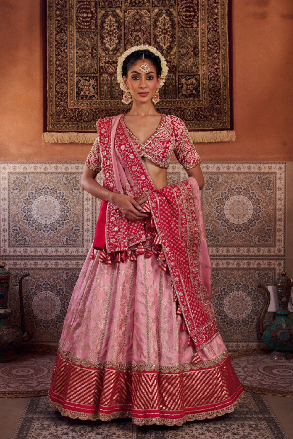 Blush pink and Fuchsia upada silk blouse, banarsi silk lehenga and dupatta