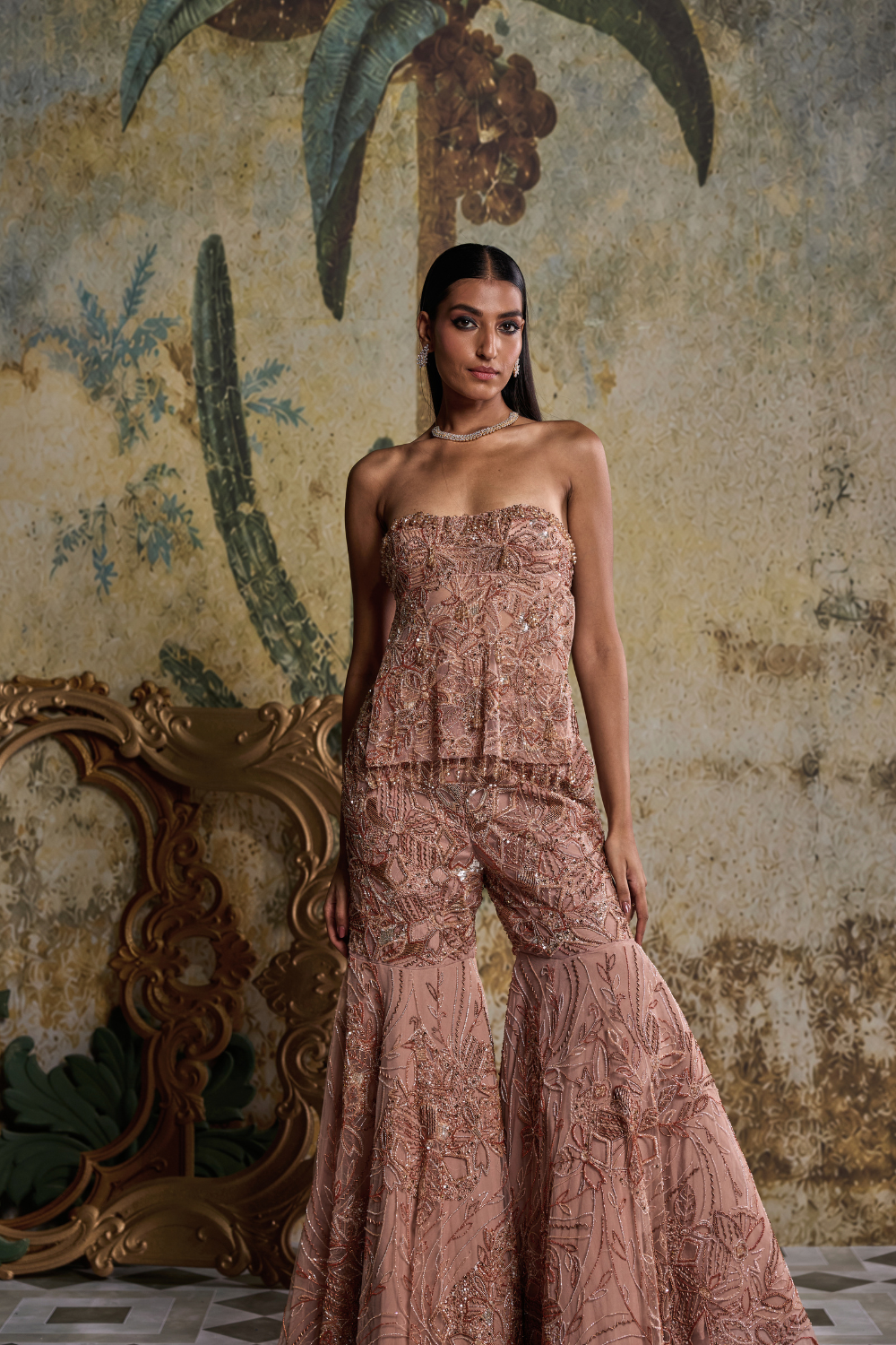 Rose Gold Abstract Floral Embellished Kurti Set