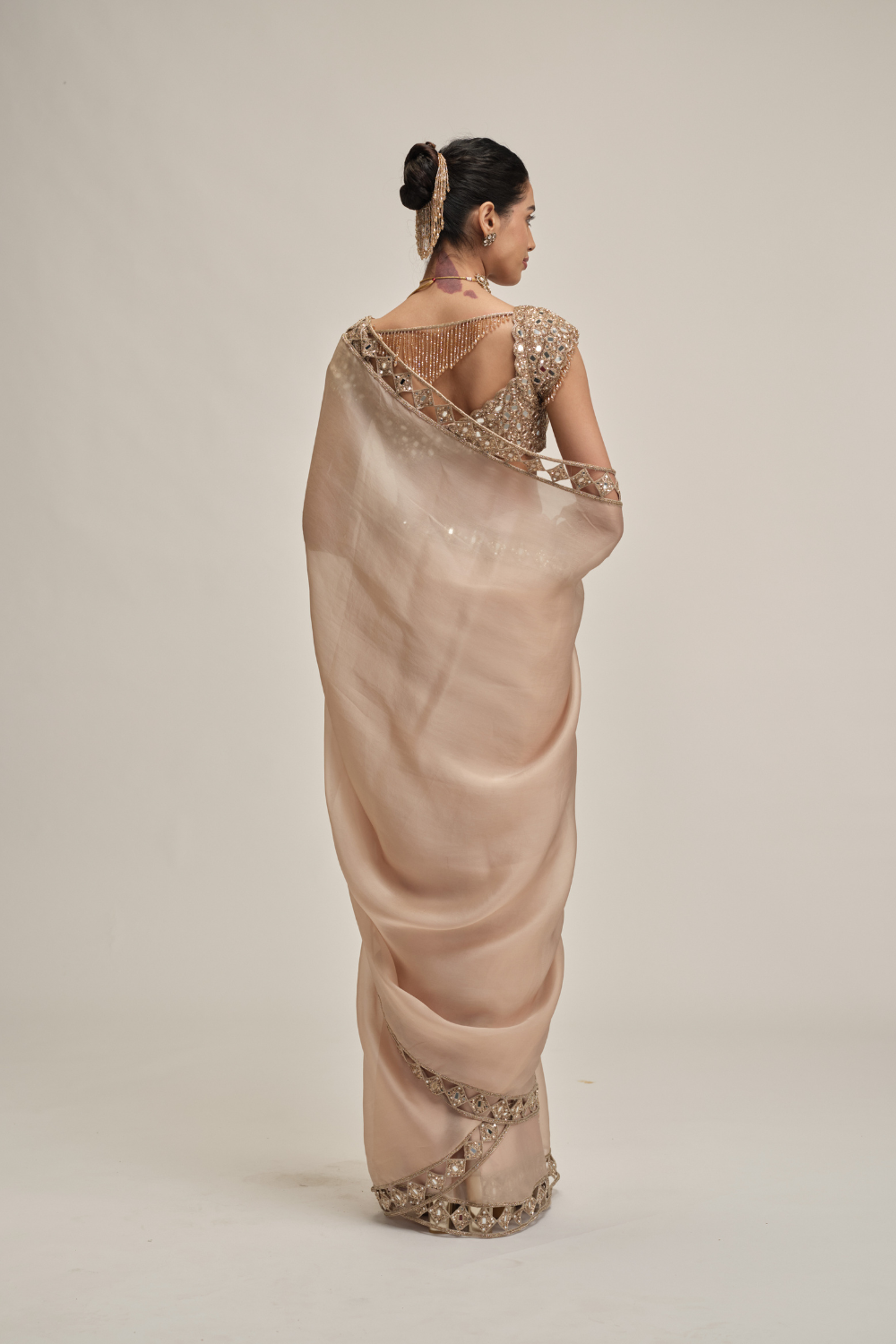 Light Beige Diamond Cutwork Border Saree Set