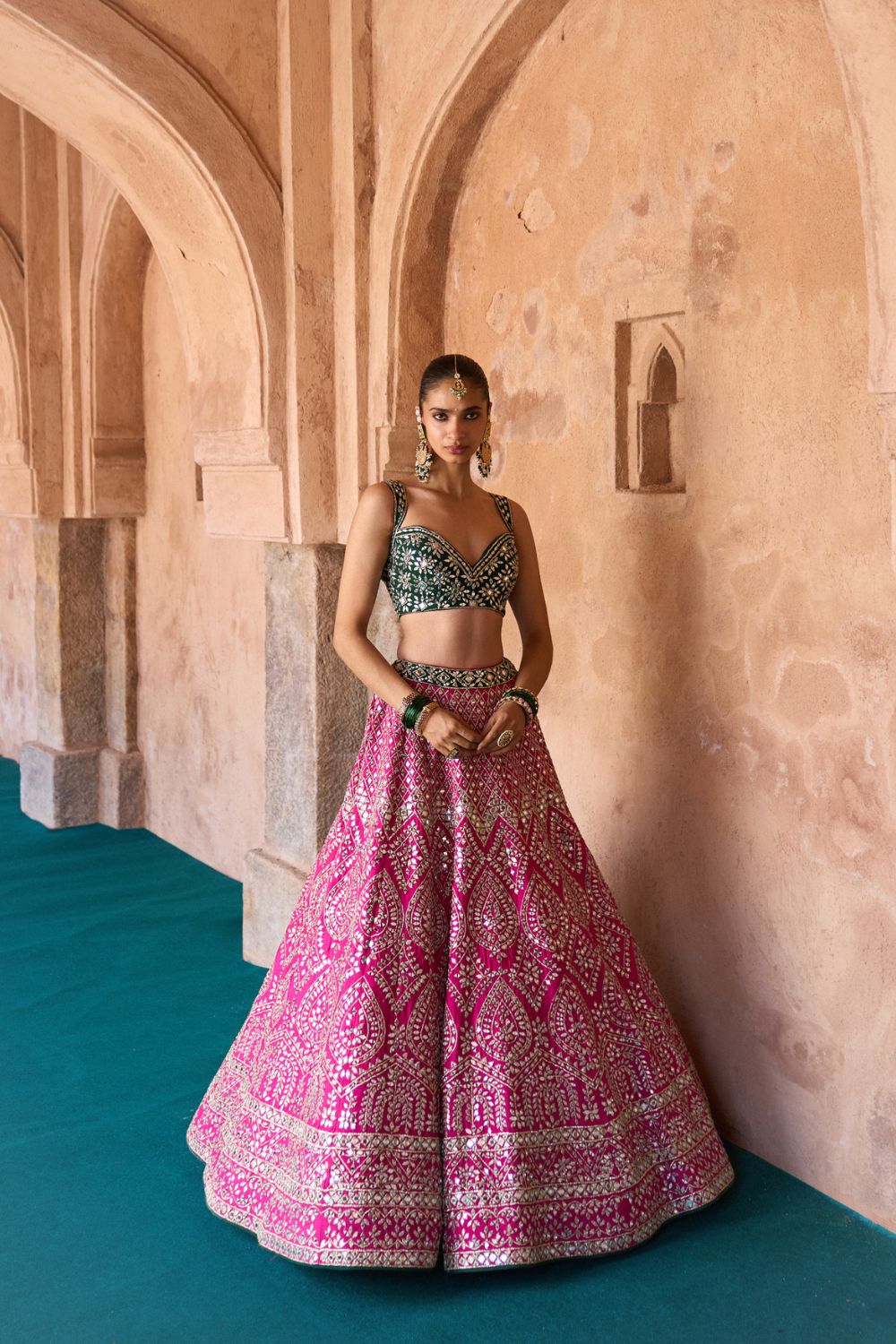 JYOT — Fuchsia Pink Raw Silk Lehenga Set with Contrast Blouse