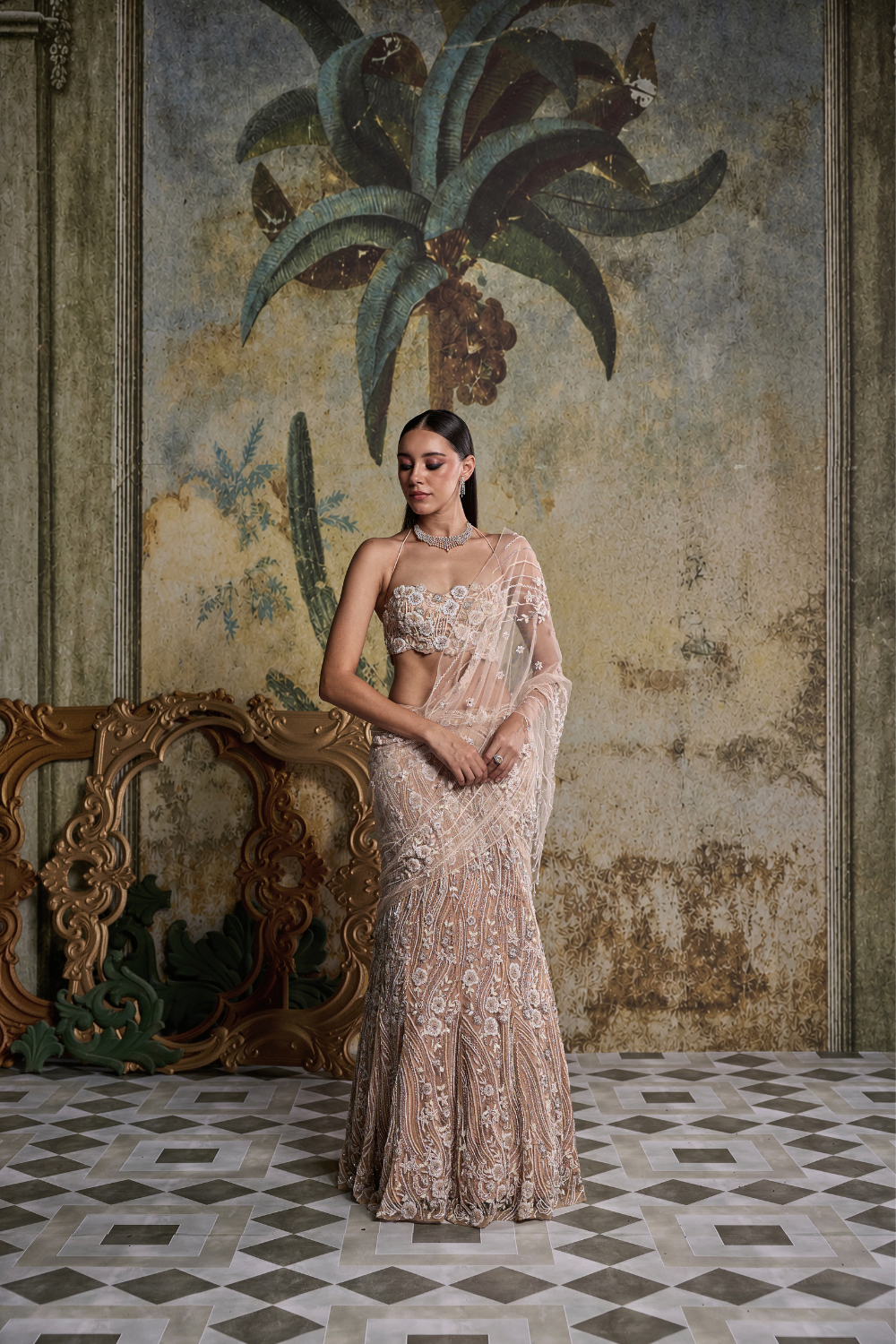 Beige & Ivory 3D Floral Embellished Saree Set
