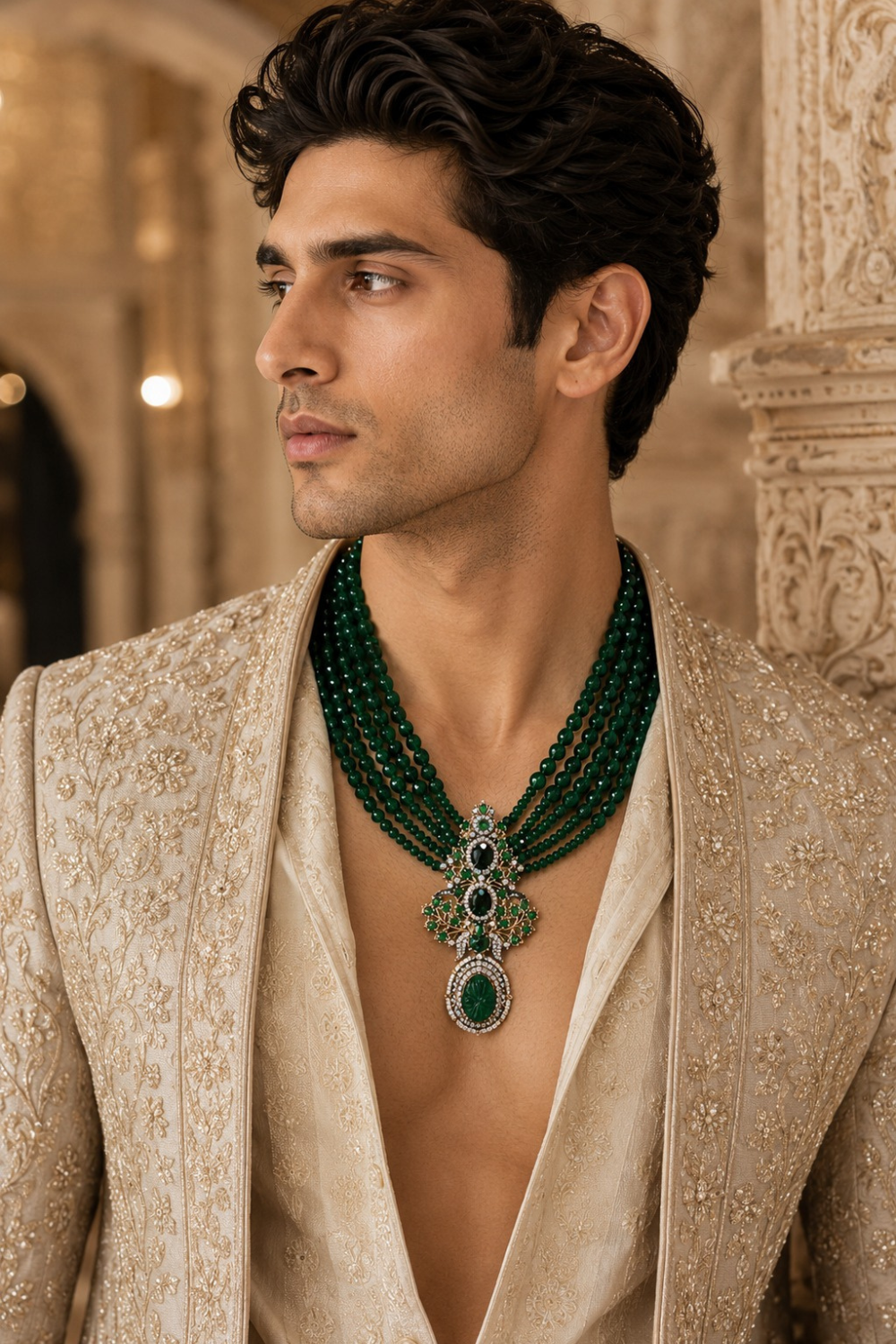 Multi-Layered Green Beaded Pendant Necklace