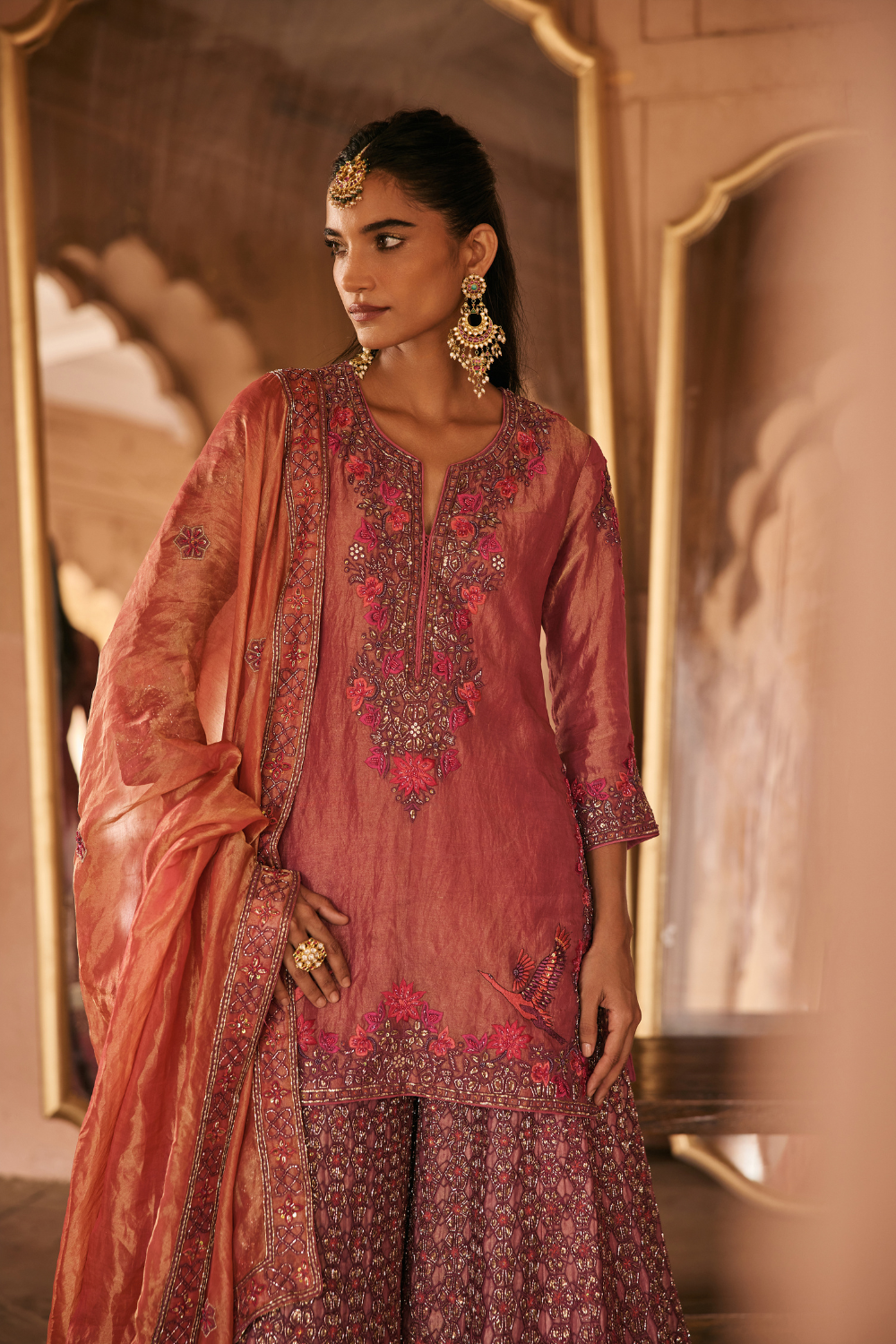 Pink, Rust, Resham, Tissue, Sharara Set