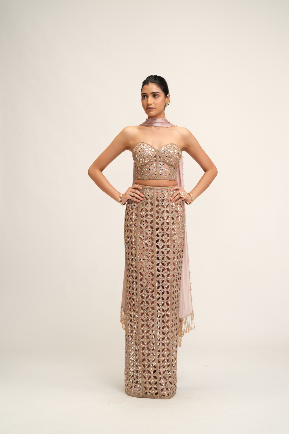 Ash Pink Cutwork Pencil Skirt Set