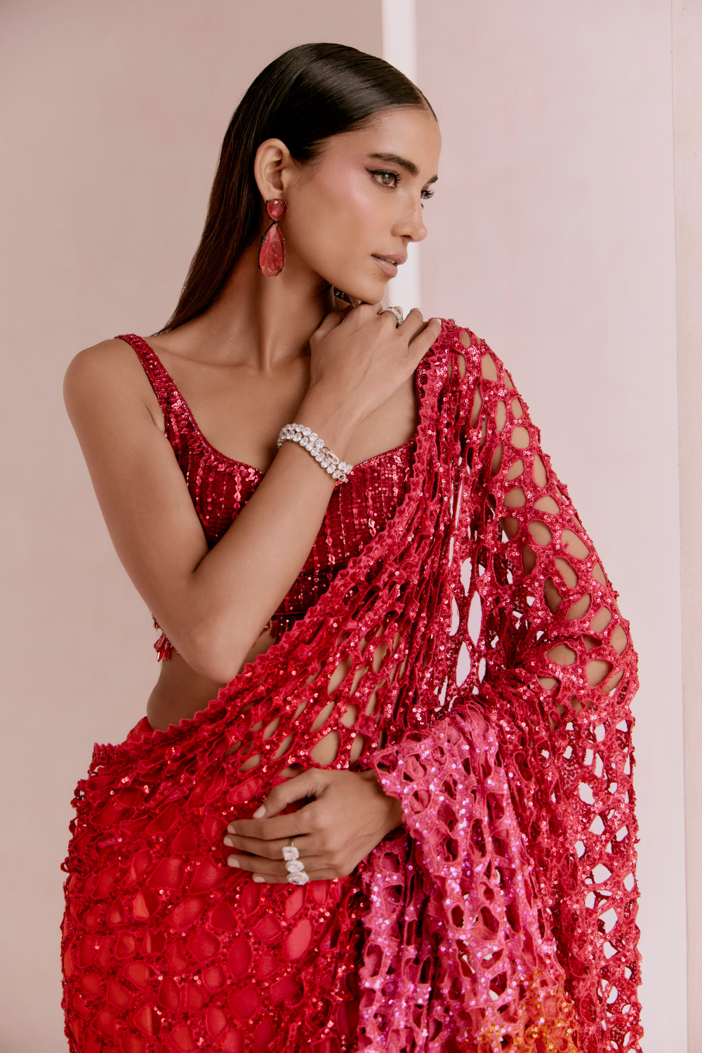 Red To Pink Cutwork Saree Set