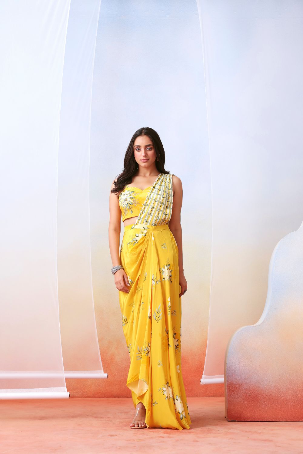 Yellow printed pre stitched saree set
