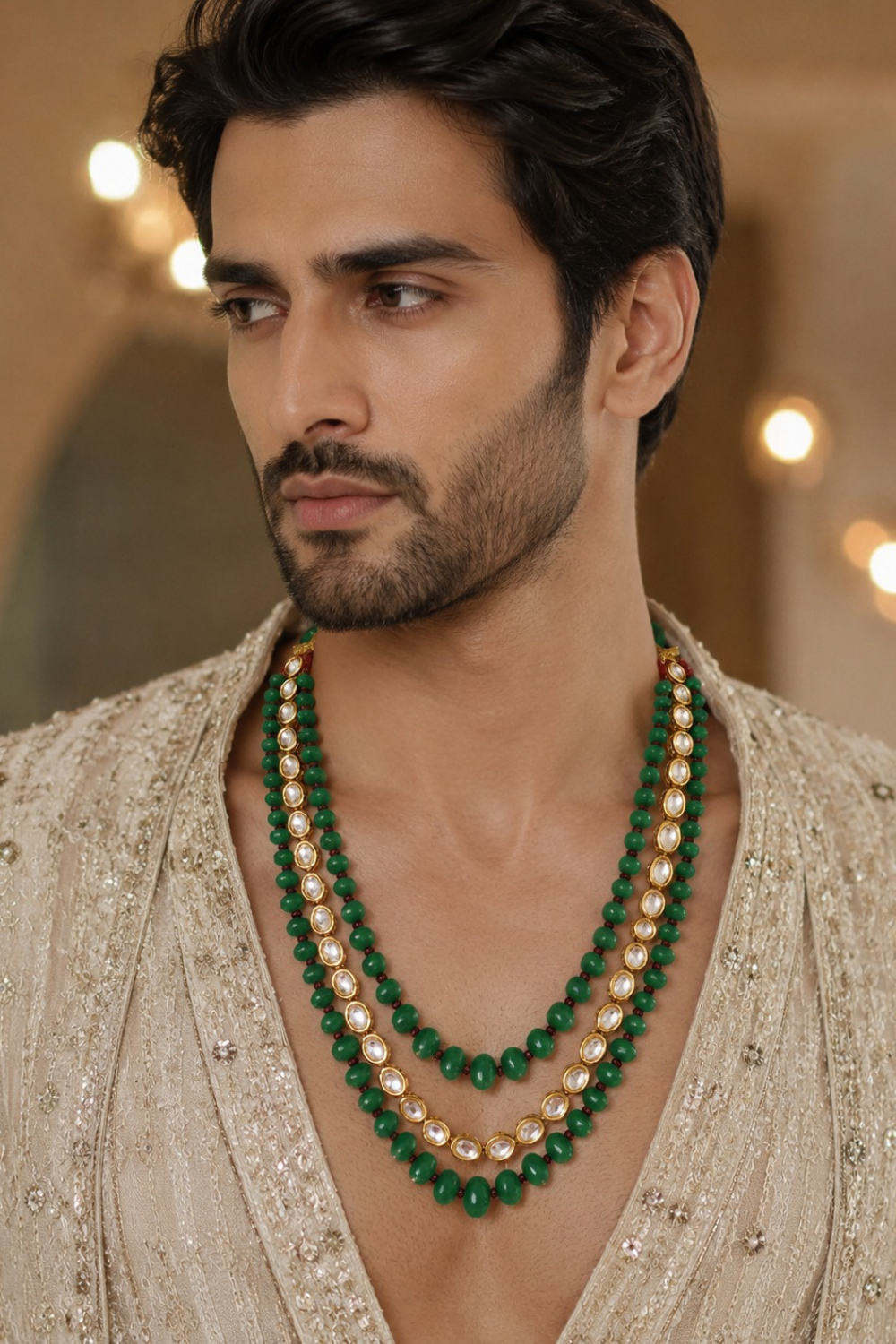Three-Layered Kundan Green Beaded Mala