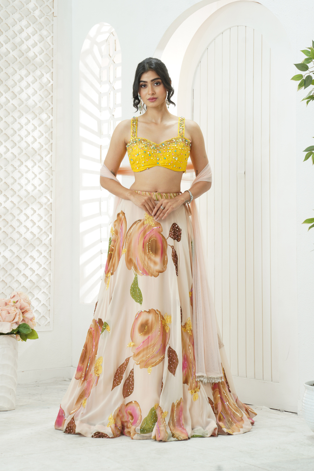 Baby Pink hand painted lehenga and embroidered  Yellow blouse set