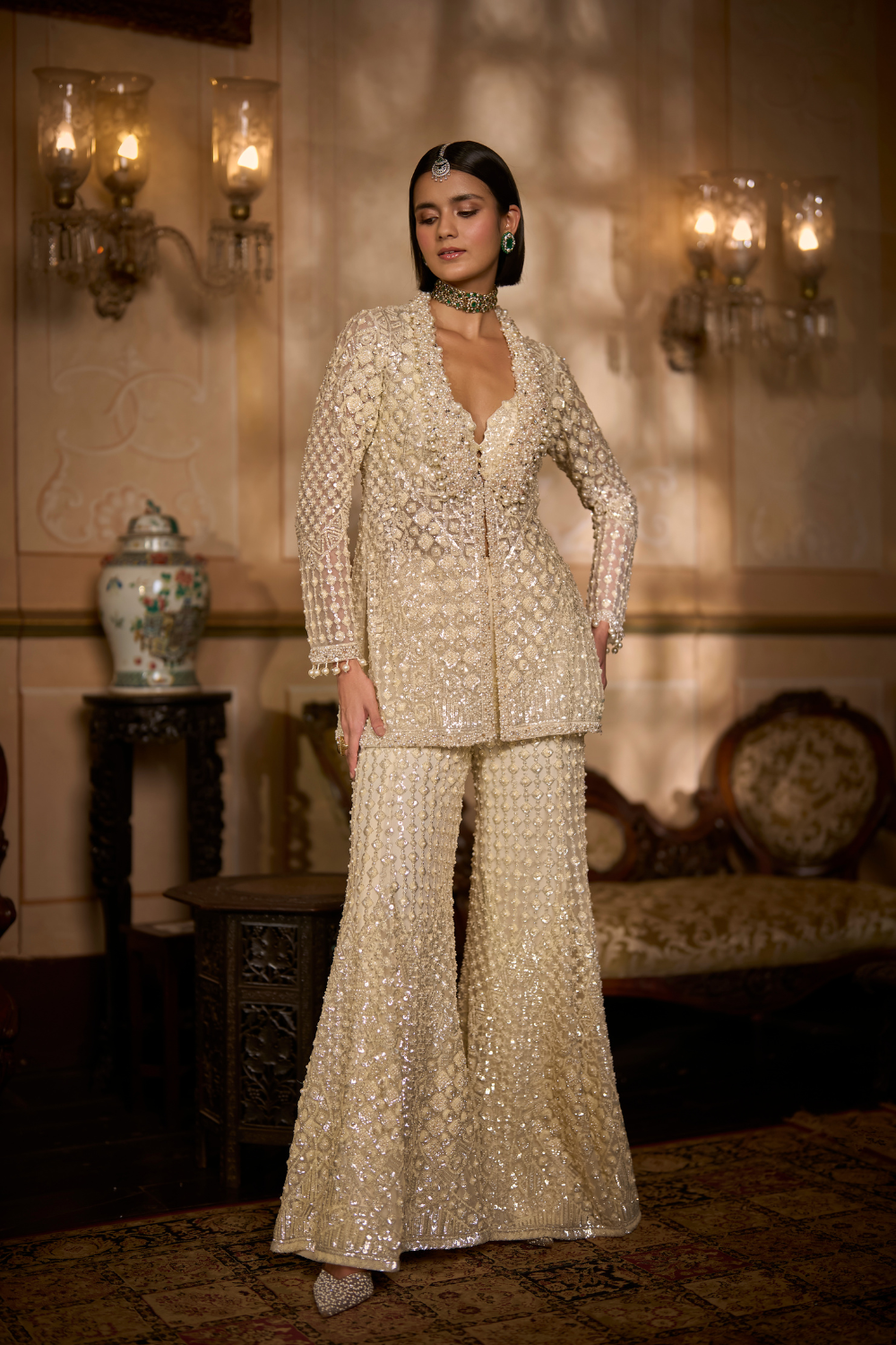 Cream Open Jacket Sharara - Pant Set