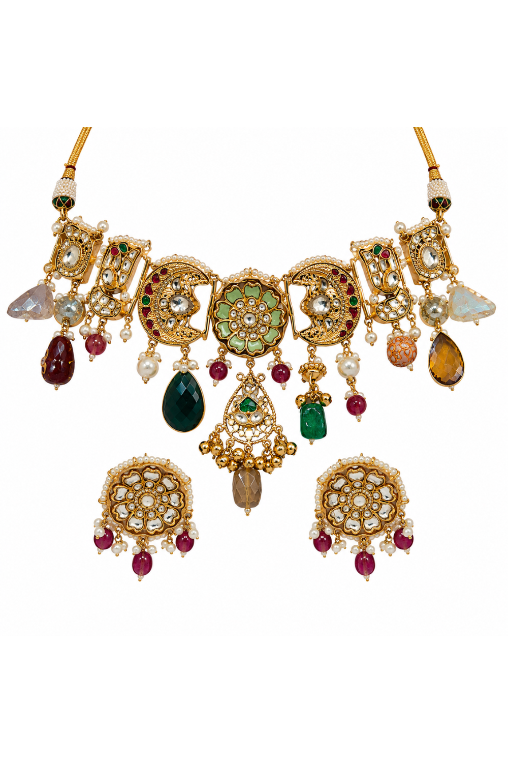Handcrafted Multicolour Polki Charm Necklace Set