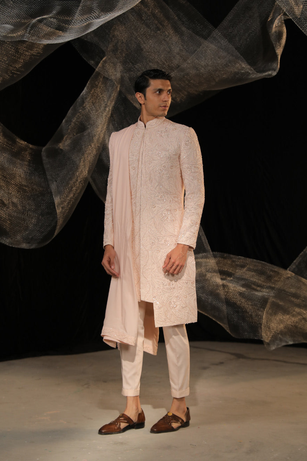 Crape Layerd Sherwani With Ai Designed Bead And Resham Work