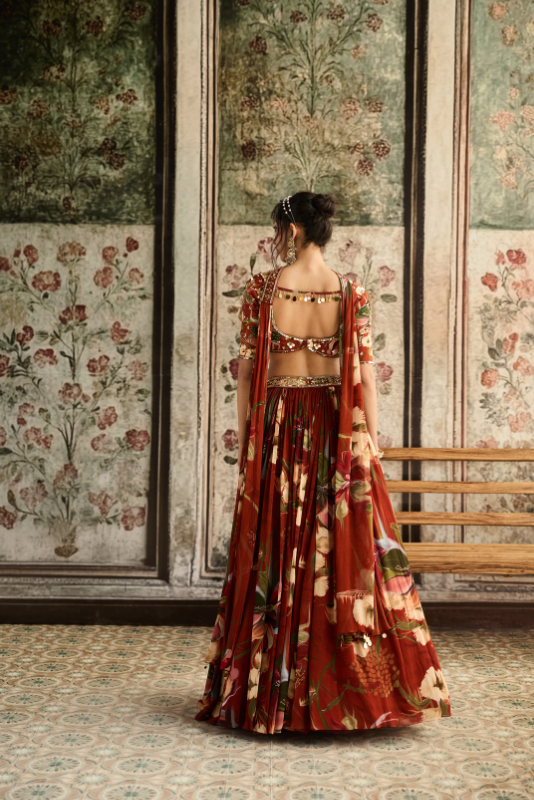 RUST FLORAL PRINTED LEHENGA SET