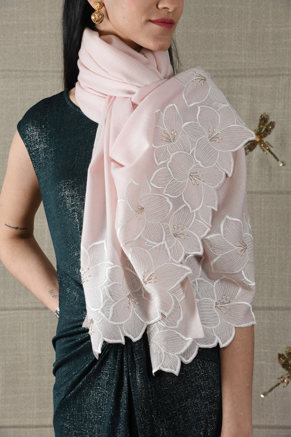 Midnight Bloom | Embroidered Wool Silk Stole – Pearl