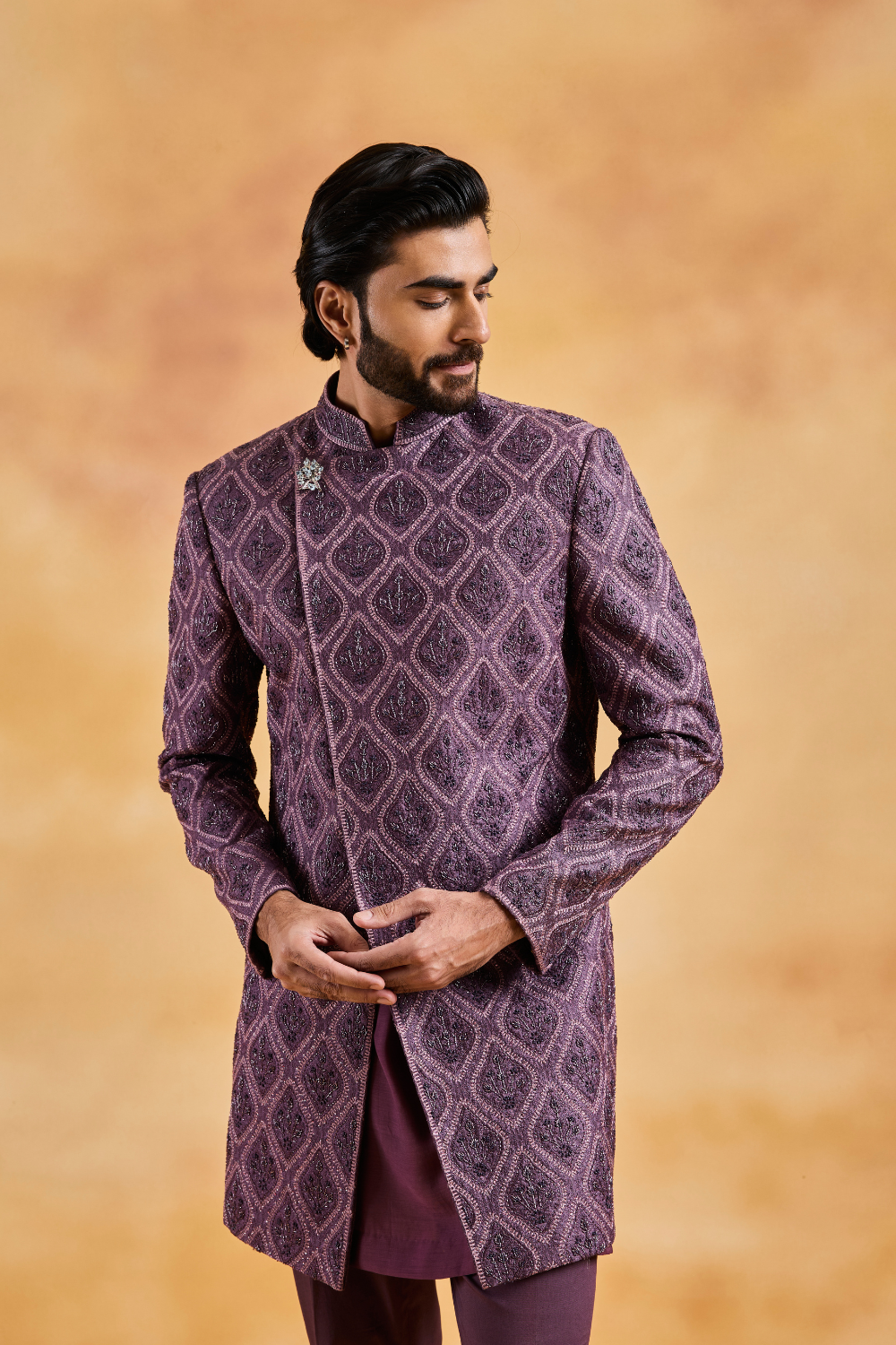 Wine Sherwani Kurta Trouser Set