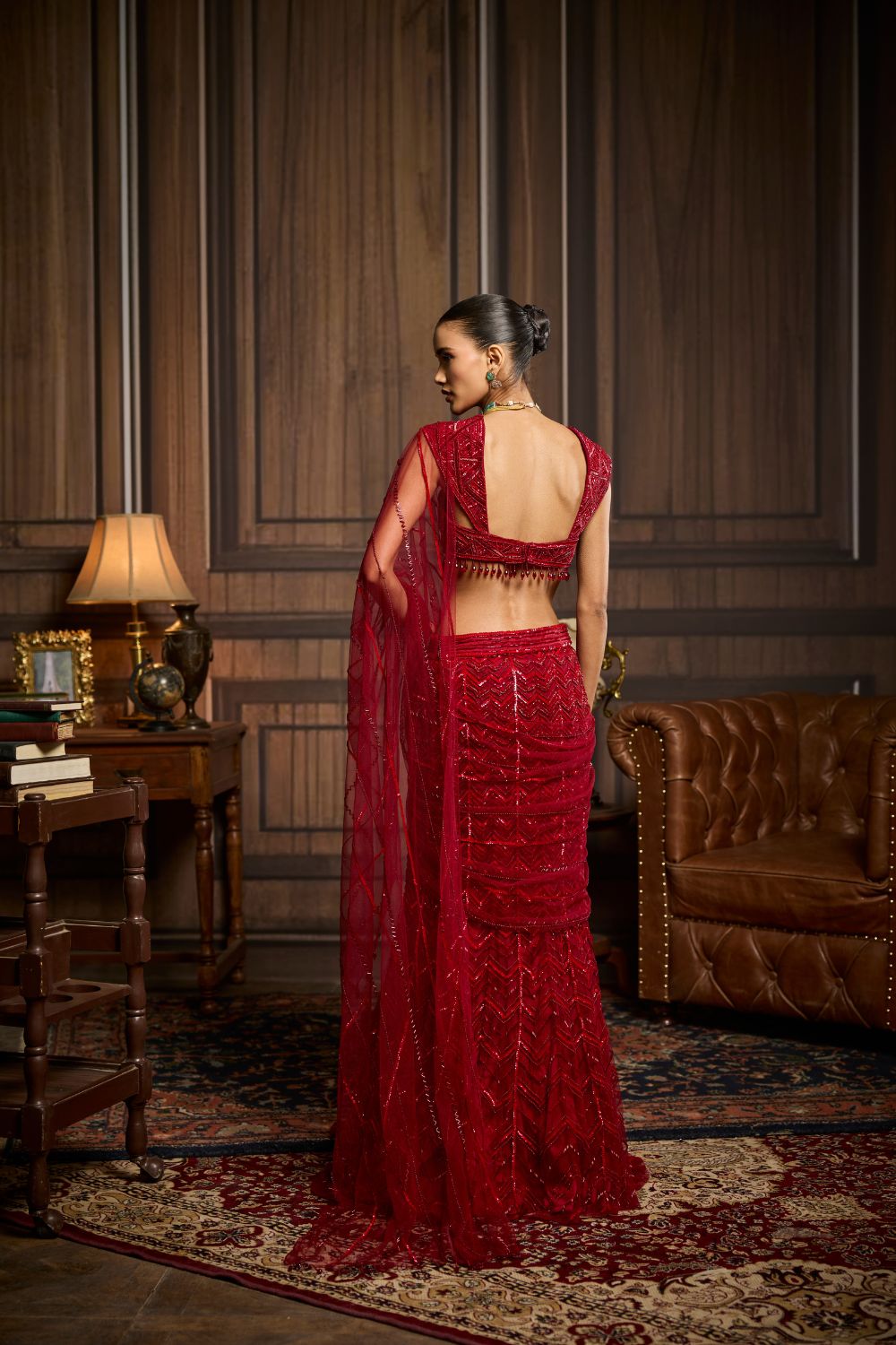 RED EMBELLISHED DRAPED PRE-DRAPED SKIRT SAREE SET