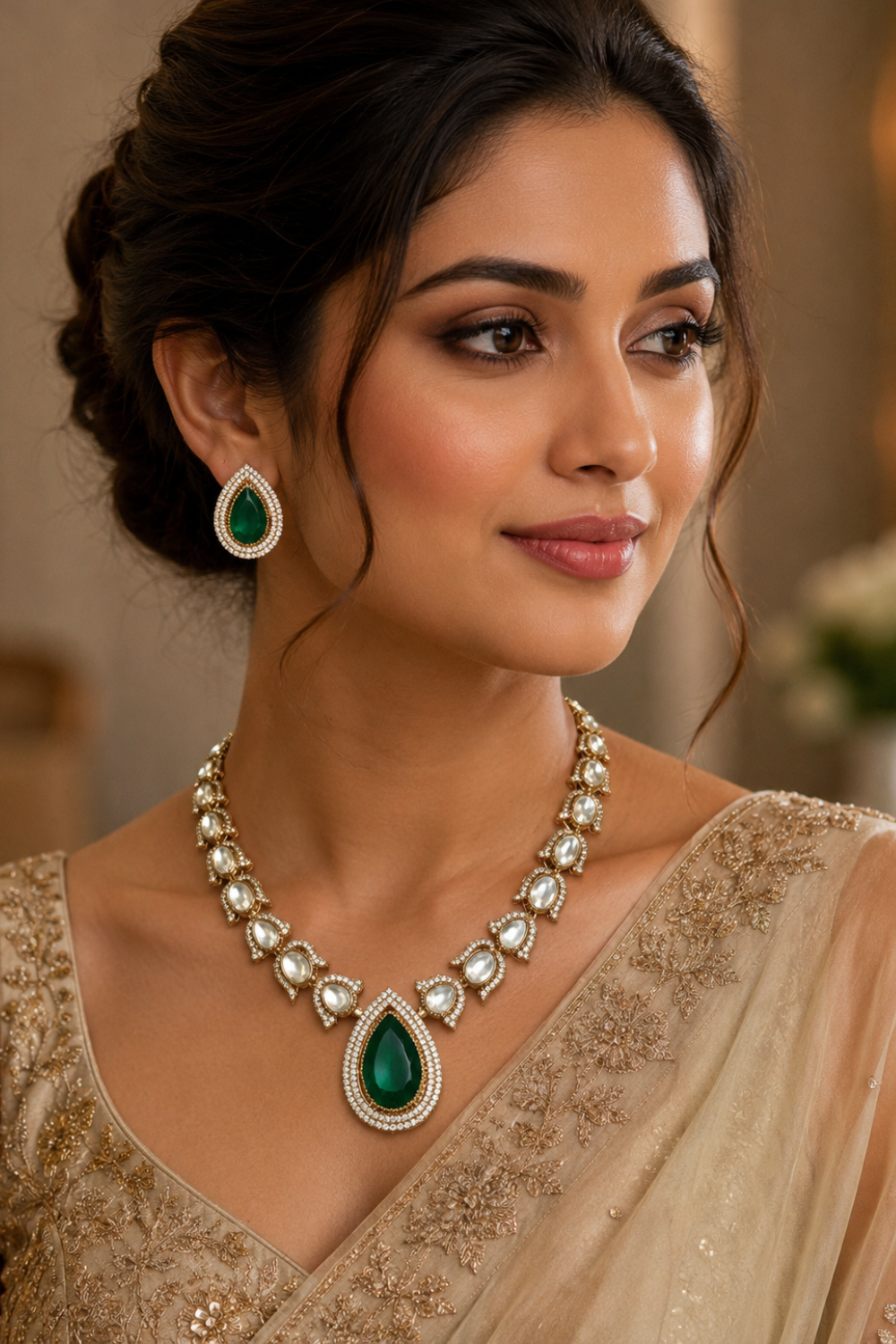 Emerald Green Moissanite Polki Teardrop Pendant Jaipuri Kundan Necklace Set with Statement Earrings