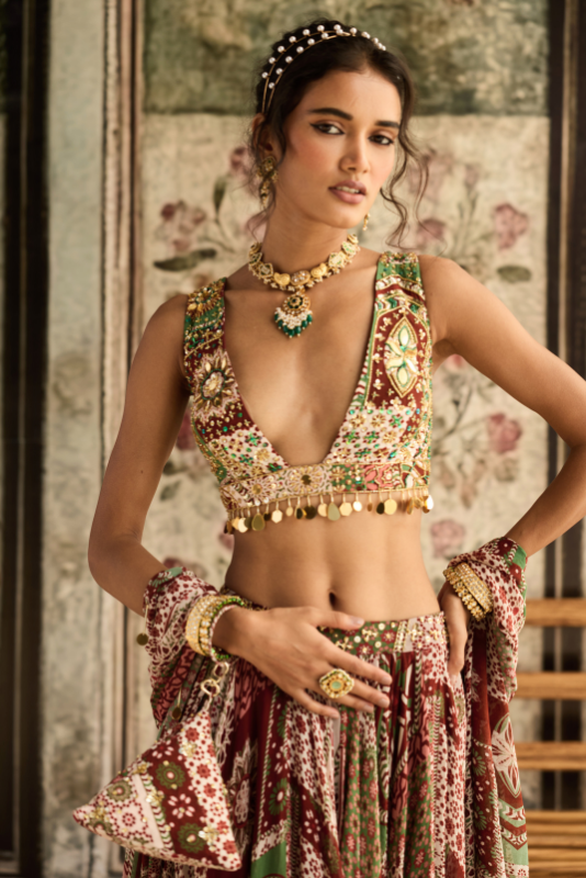 SAGE-MAROON PRINTED LEHENGA SET