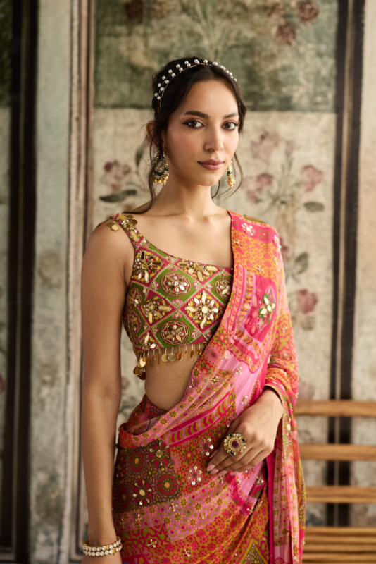 SAGE BUTTA PRINT AND HIGHLIGHTED ONE-SHOULDER BLOUSE WITH YELLOW-FUSCHIA PRE-DRAPED CLASSIC SAREE SET