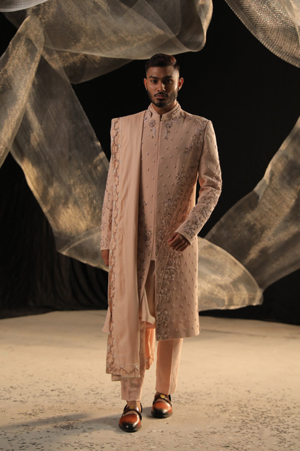 Cameo Pink Crape Sherwani With Dabka And Resham Work Embelished With Brass Work