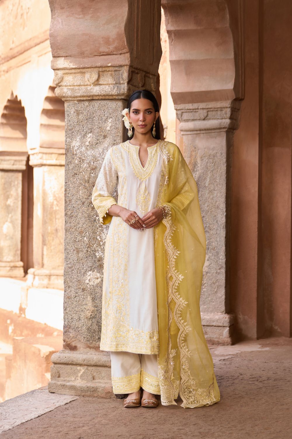 NURVI - DAISY IVORY WITH LEMON YELLOW LONG A-LINE KURTA WITH PALAZZO AND DUPATTA