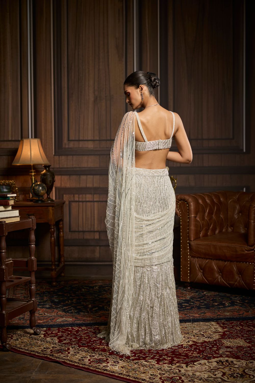 SILVER FULLY EMBELLISHED PRE-DRAPED SKIRT SAREE SET