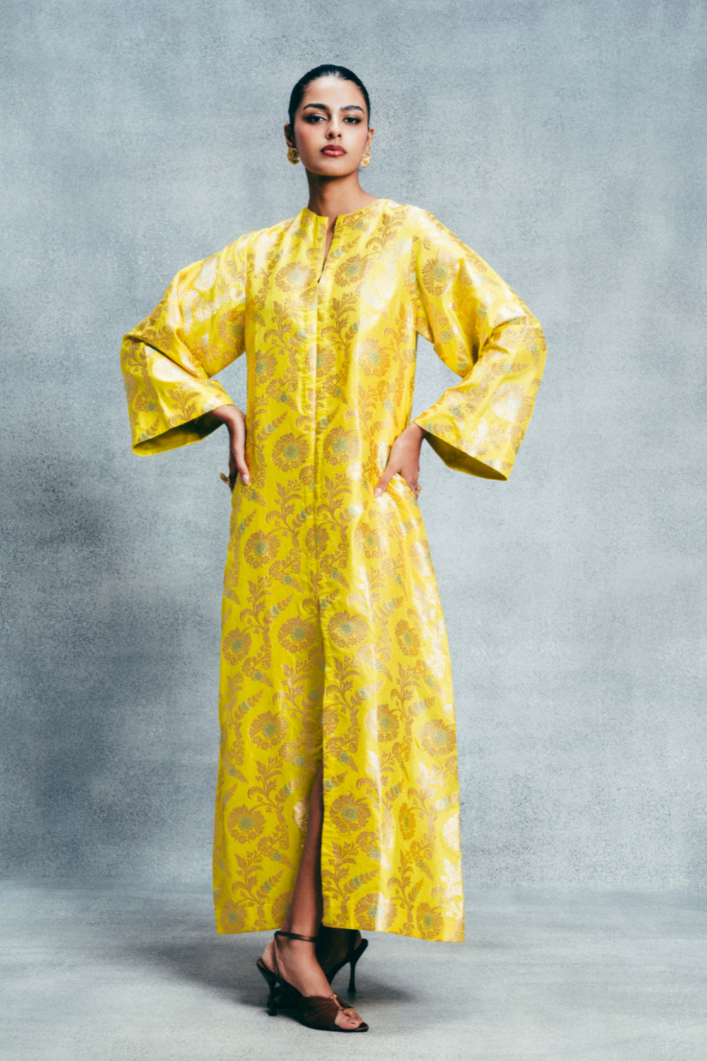 Handwoven Canary Yellow Banarasi Kaftan