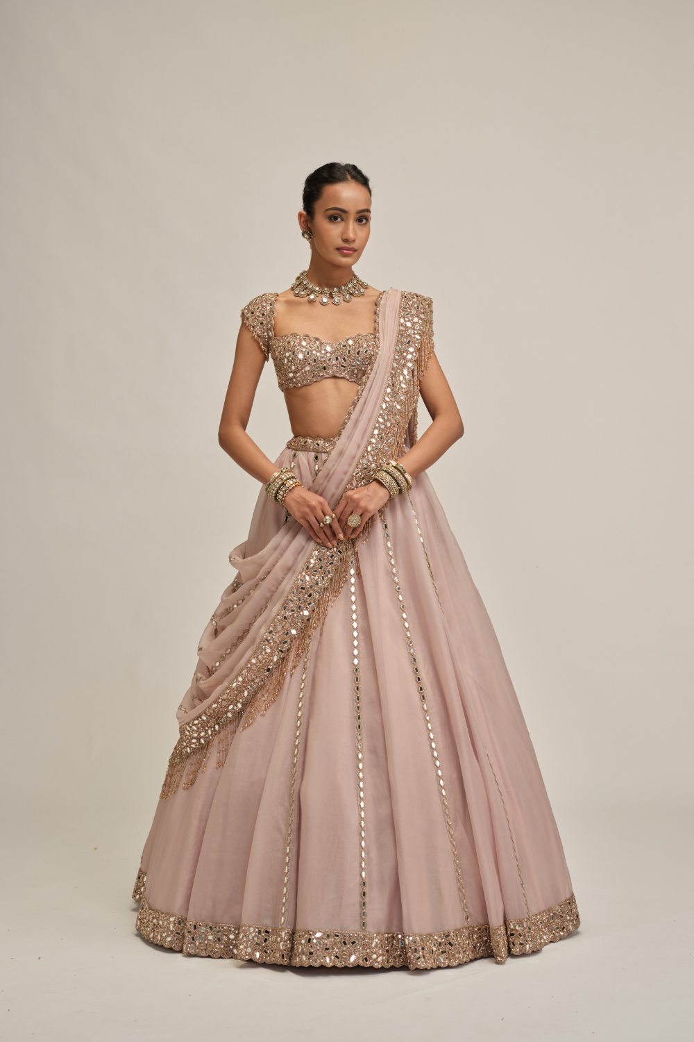 Ash Pink Mirror Linear Embroidered Lehenga Set