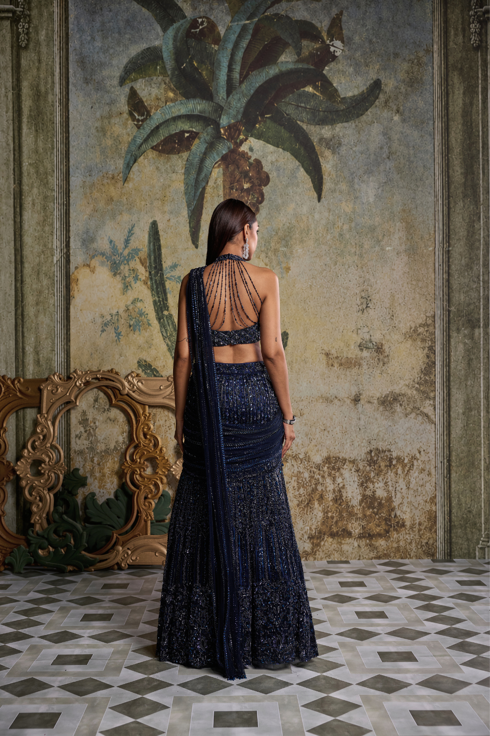 Midnight Blue Embellished Saree Set