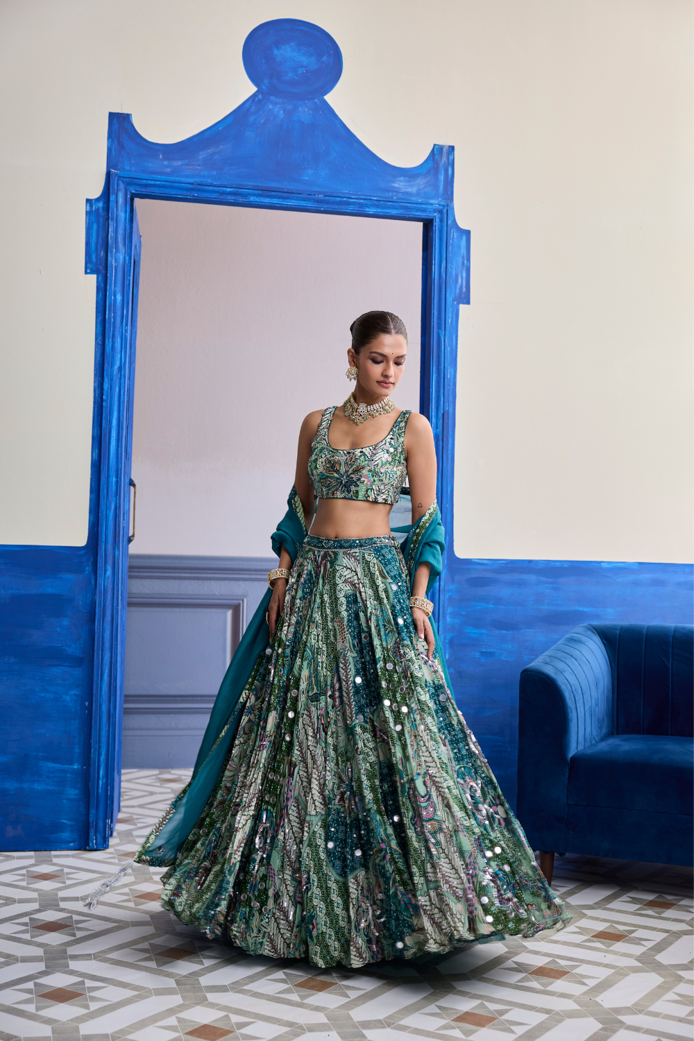 Green Floral Blouse with Highlighted Lehenga & Embroidered Dupatta Set