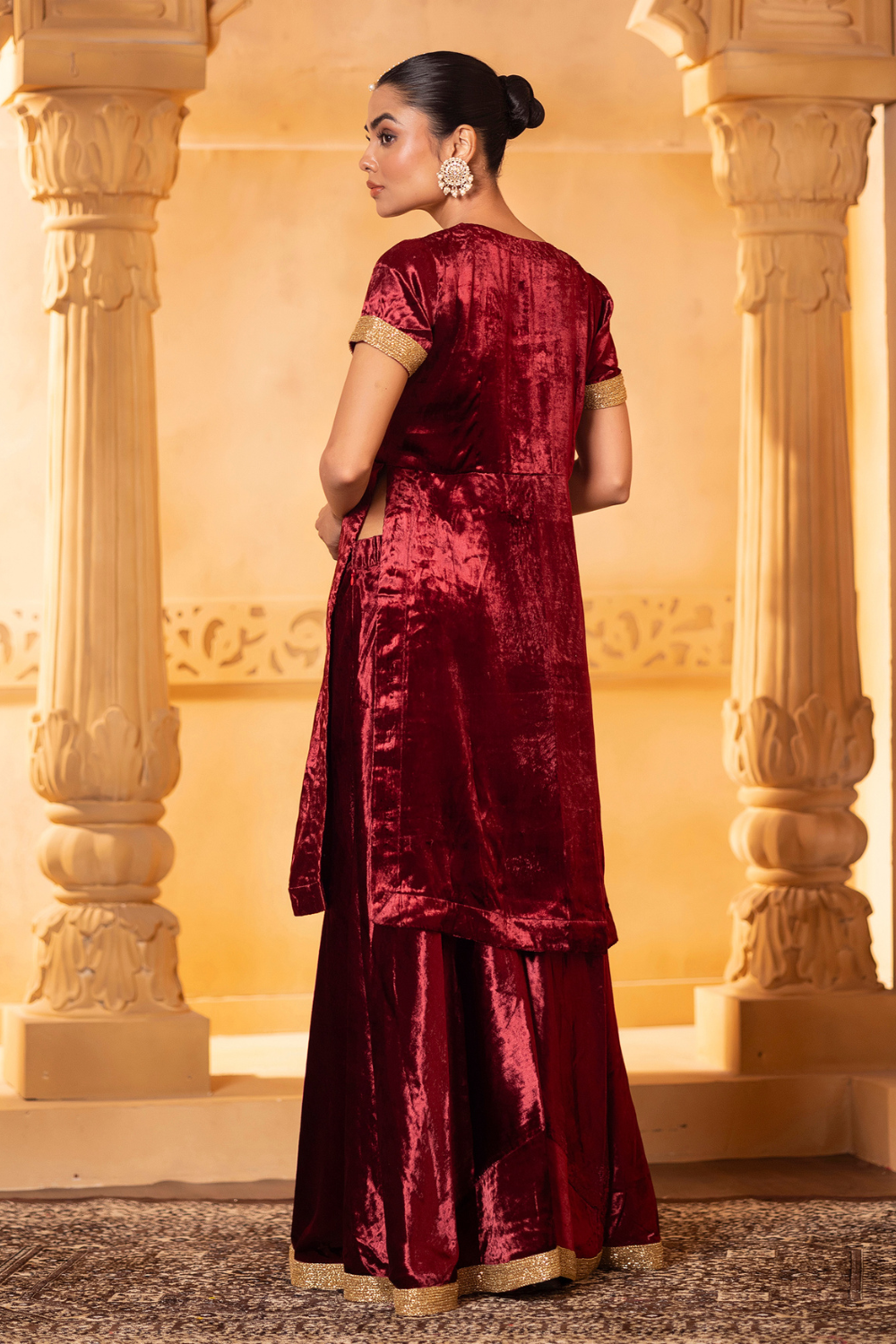 Maroon Velvet Kurta and Sharara Set