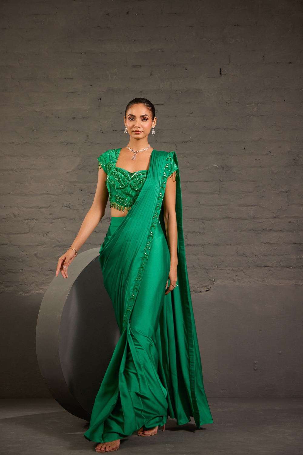 Emerald Green Waistcoat & Drape Saree