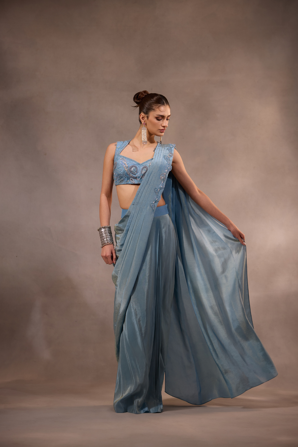 Blue Drape Saree with Embroidered Blouse