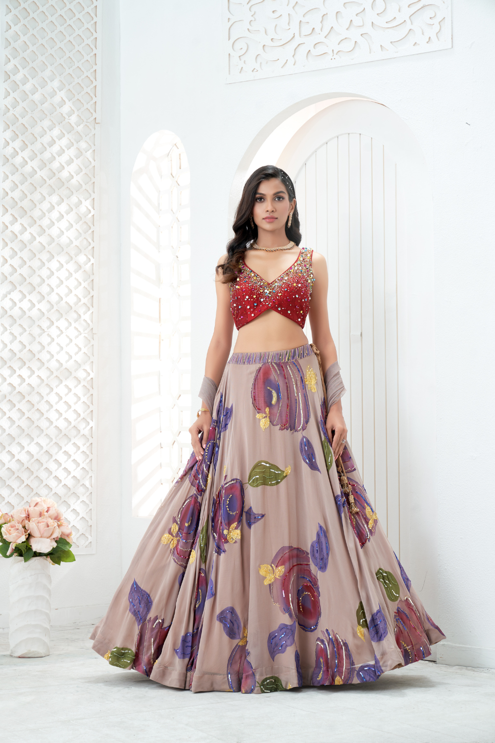 Mauve hand painted lehenga and embroidered Red blouse set