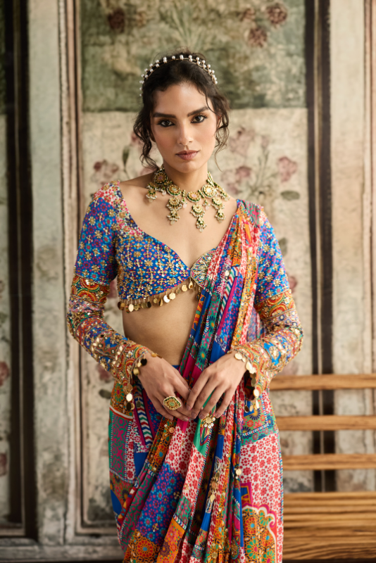 MULTI-COLOR  PRINT AND HIGHLIGHTED PLUNGE NECKLINE BLOUSE WITH SHARARA SAREE SET