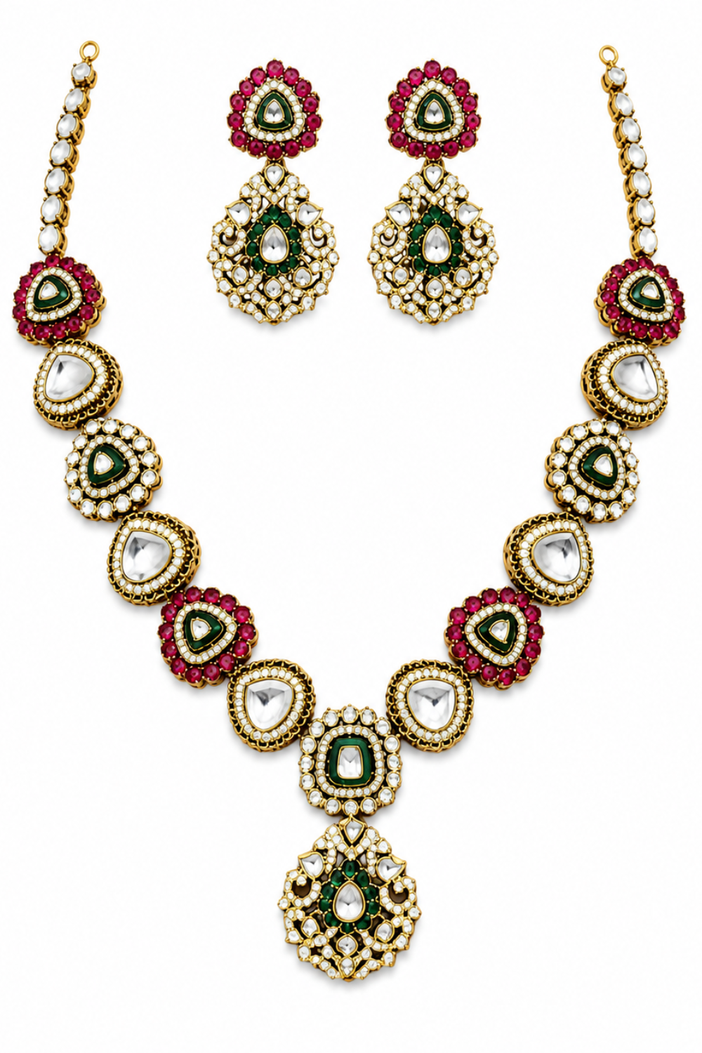 Royal Moissanite Polki Necklace Set with Emerald & Ruby Accents