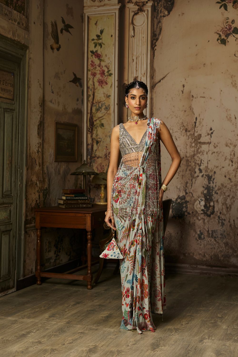 SLATE GREY EMBROIDERED BLOUSE AND PRINTED LEHENGA SET