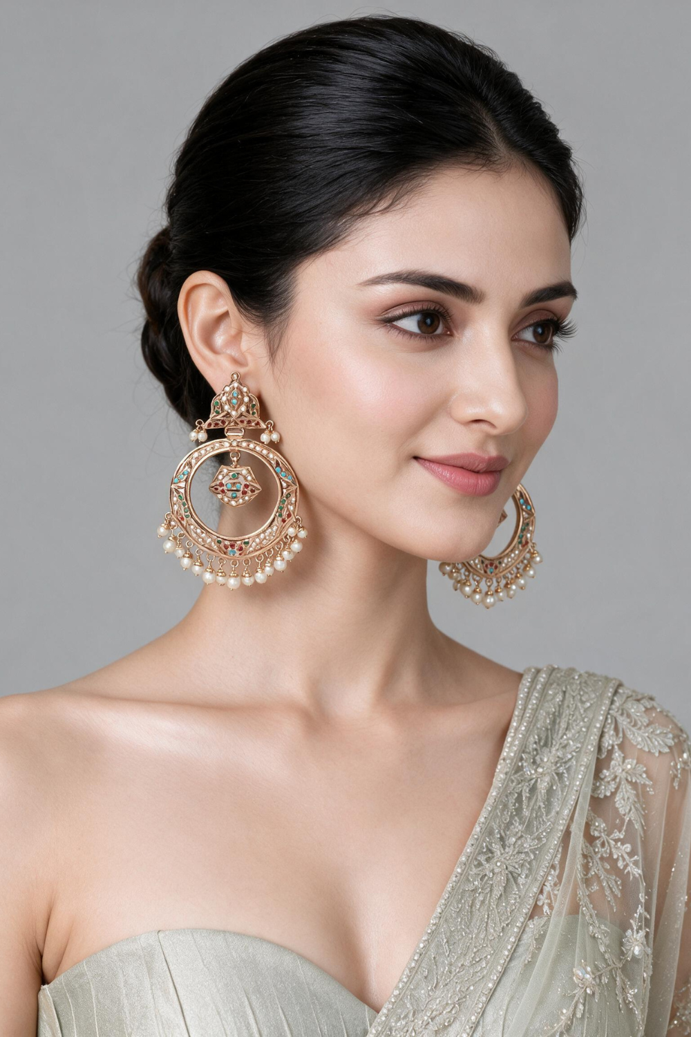 Multicolour Jadau Pearl Hoop Statement Earrings