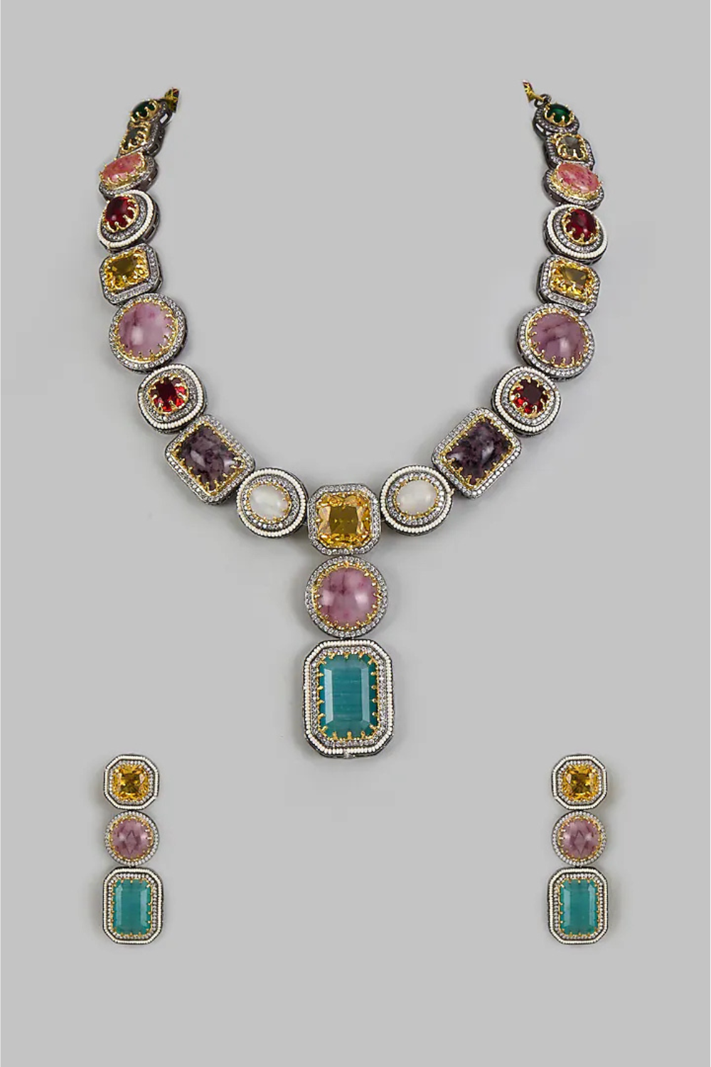 Multicolor Gemstone Statement Necklace Set with Designer Earrings