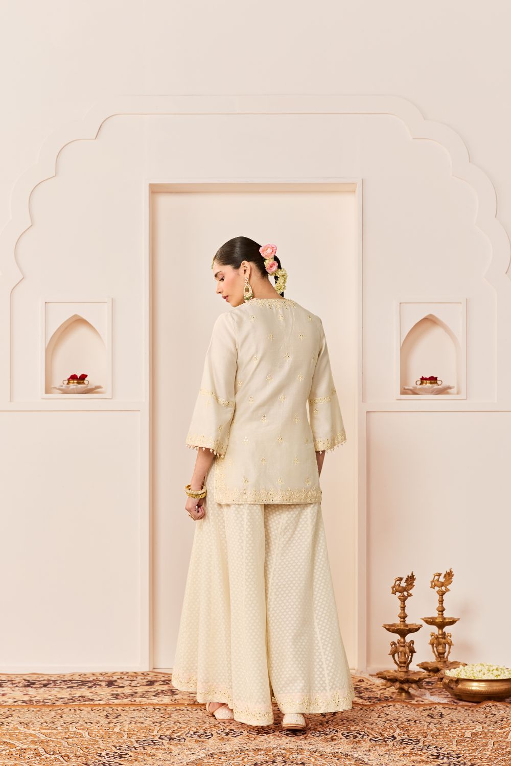 REHMA -DAISY IVORY SHORT KURTA WITH SHARARA AND DUPATTA