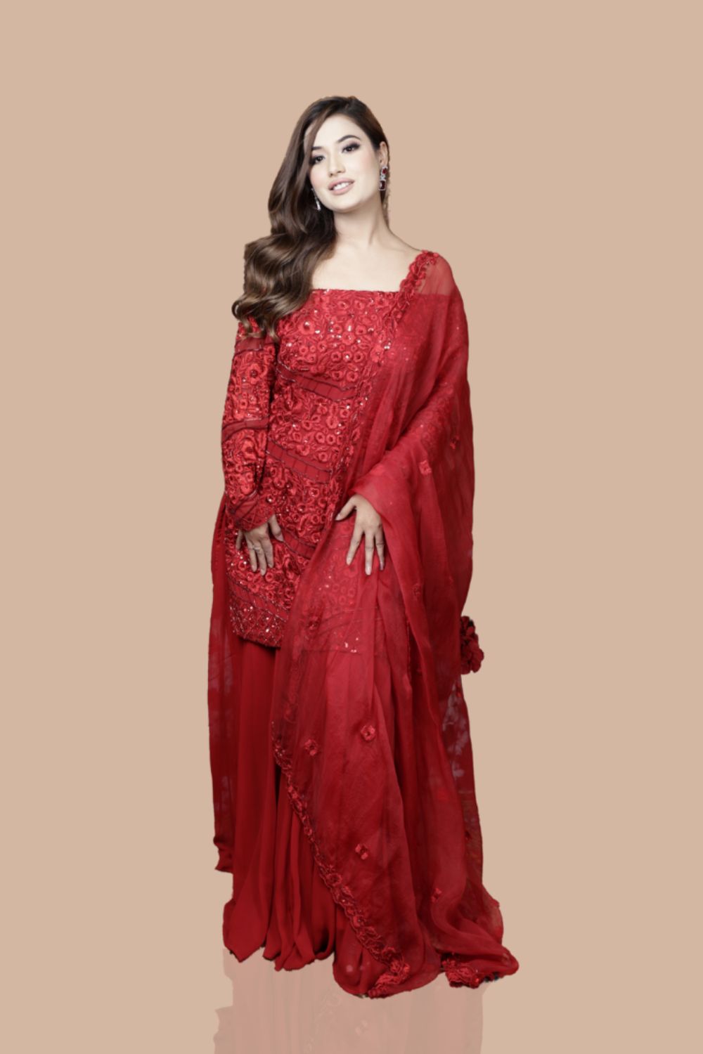 Red Hand Embroidered Kurta With Sharara  Set
