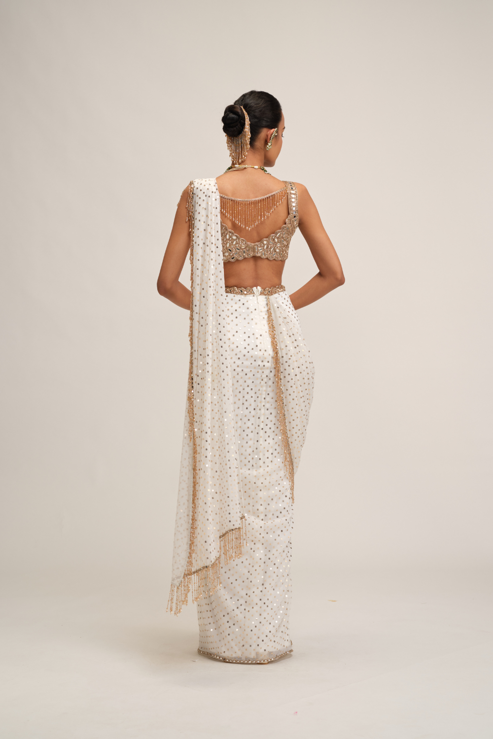 Off White Sequins Embroidered Saree Set