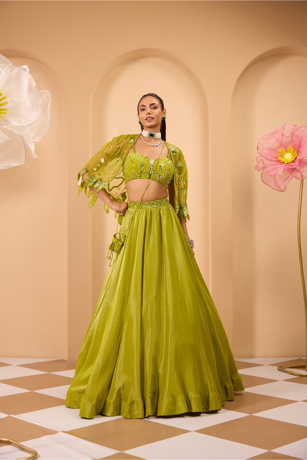 Green Hand Embroidered Blouse W/Lehenga & Cape