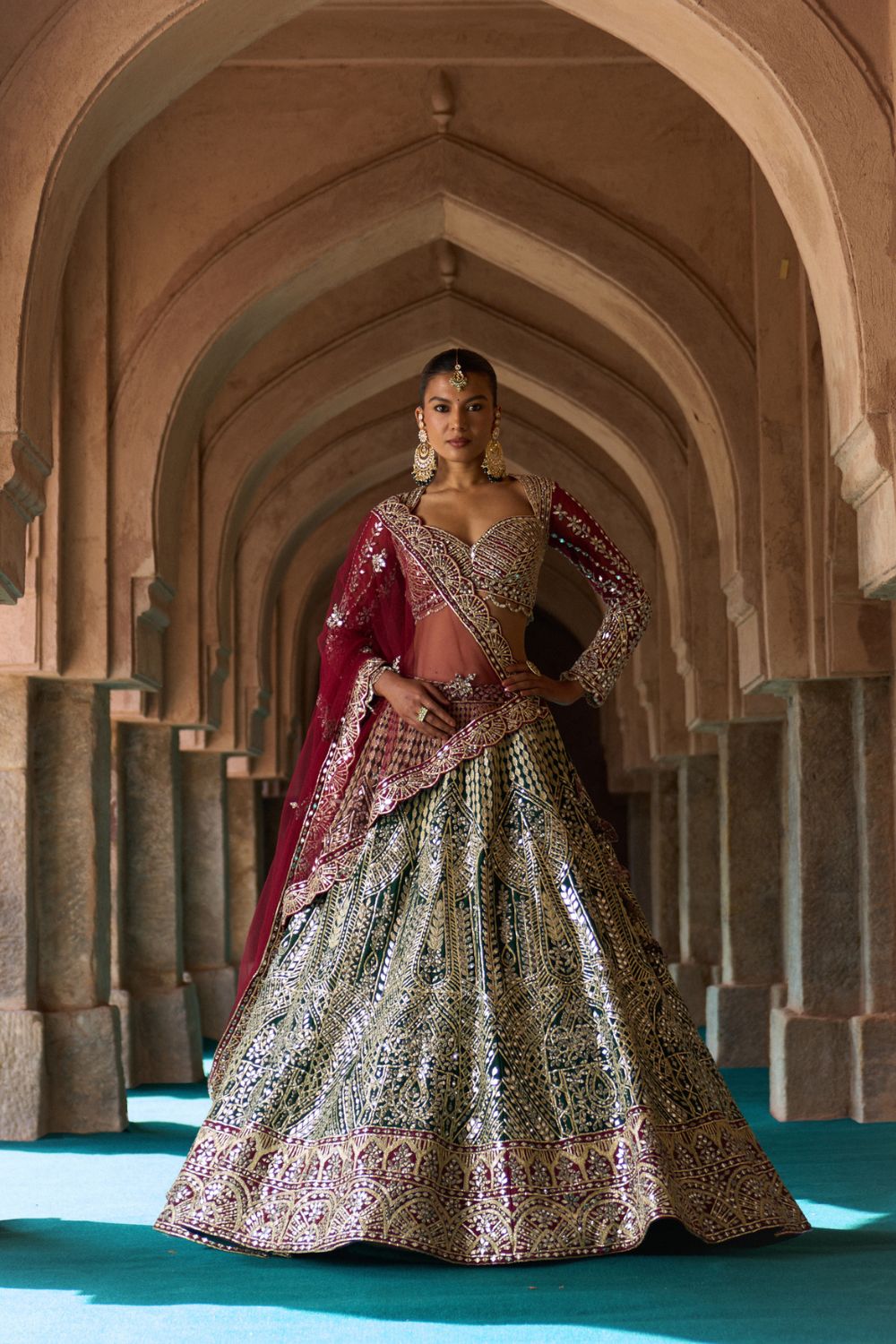 SUKOON — Bottle Green Raw Silk Lehenga Set with Contrast Blouse