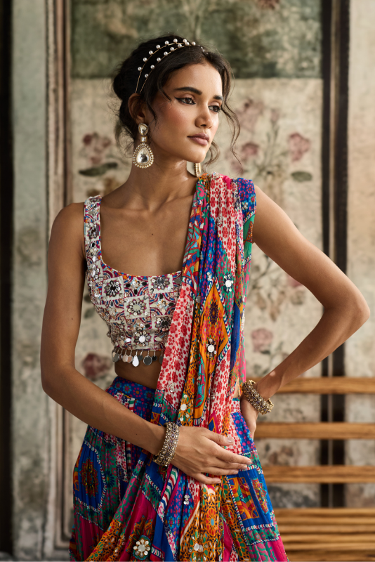 MULTI-COLOR  PRINT AND HIGHLIGHTED SQUARE NECK BLOUSE WITH TIERED SKIRT SAREE SET