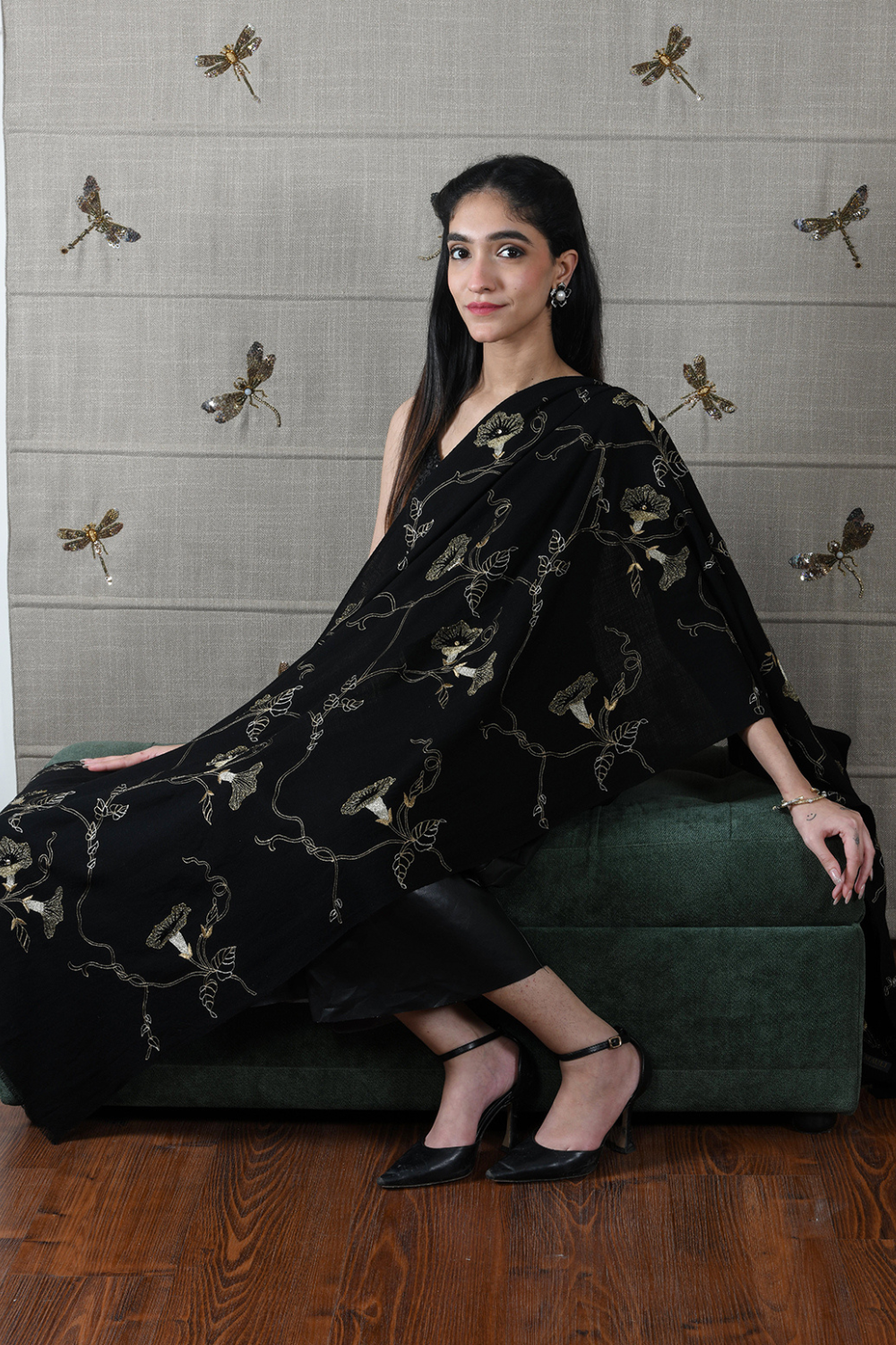 The Midnight Aurelia | Embroidered Fine Merino Stole