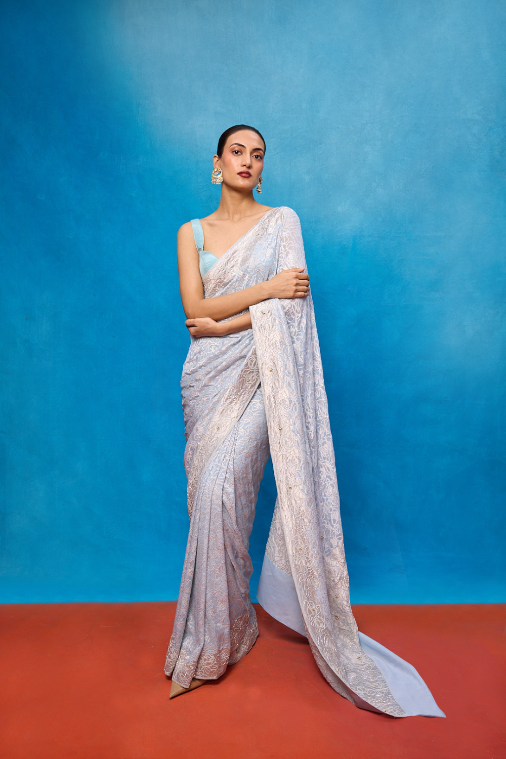 Handwoven Ice Blue Chiffon Embossed Saree