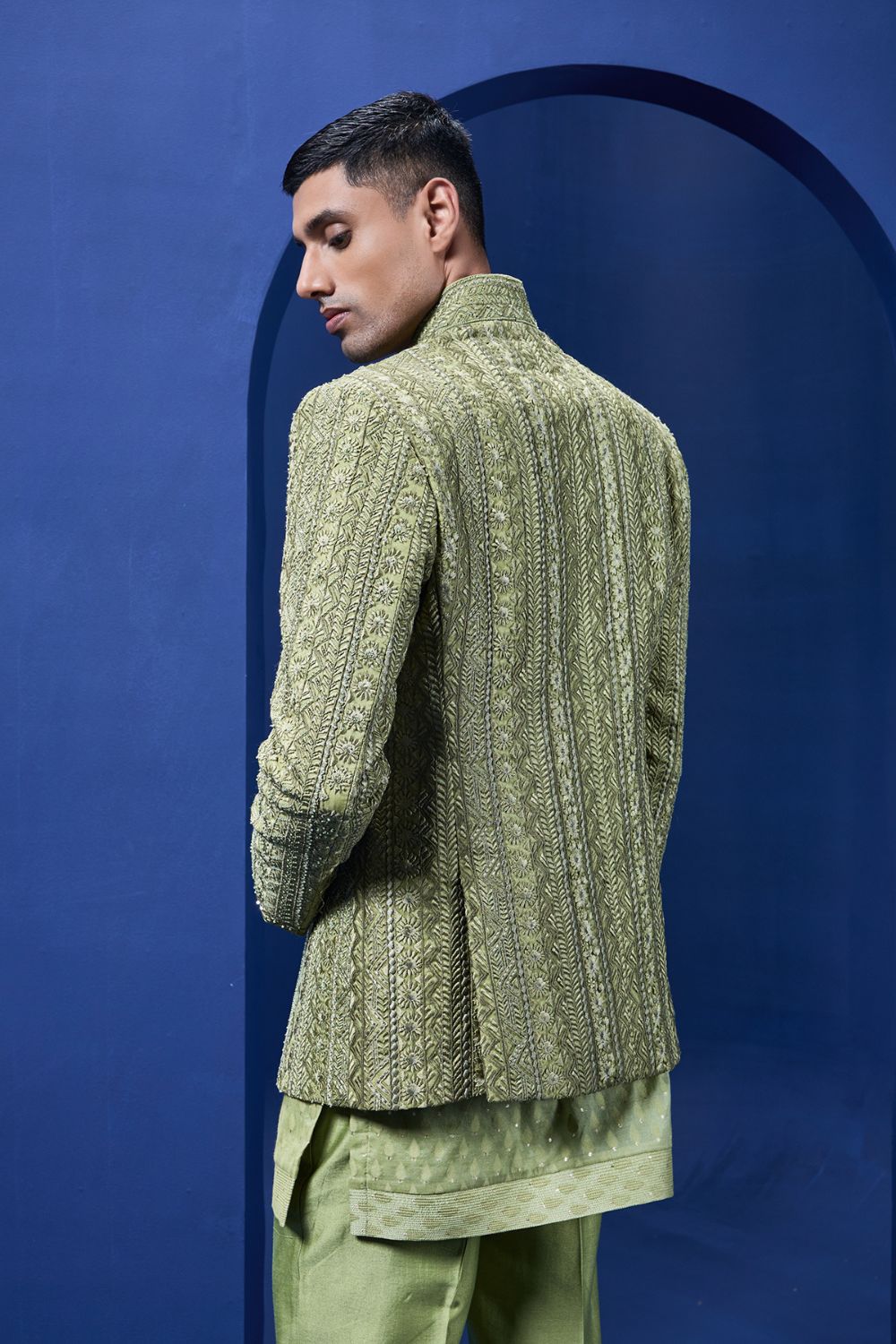 Green open bandhgala   with thread , sequins & pearl  work