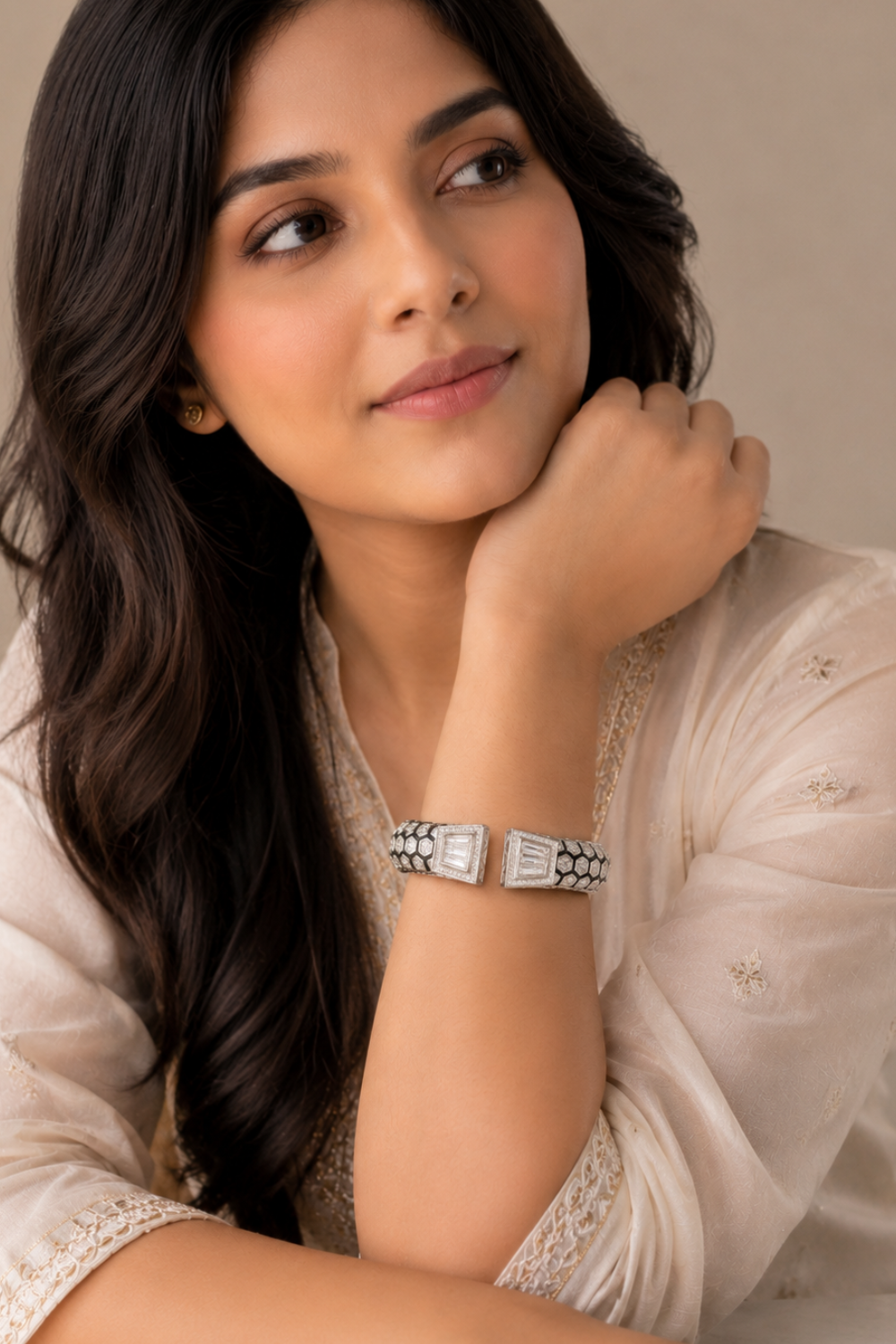 Silver-Tone Geometric Statement Cuff Bracelet with Crystal Accents