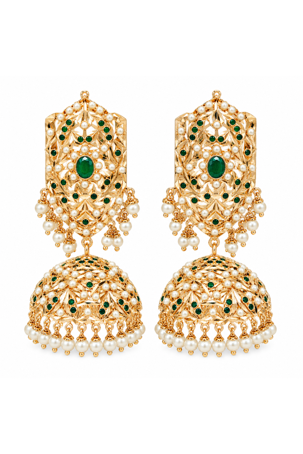 Emerald Green Jadau Pearl Jhumka Earrings